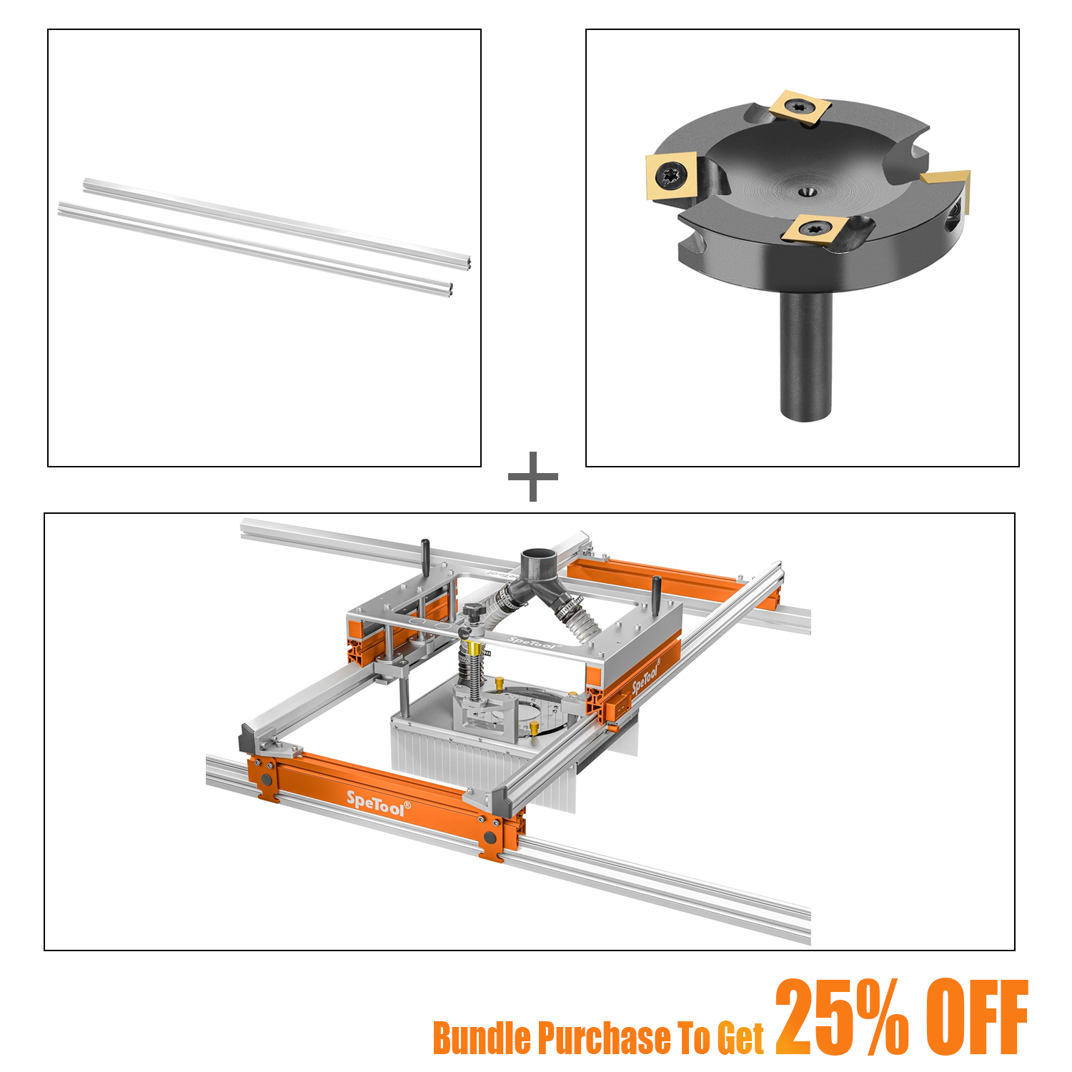 SpeTool S03001 Xpert Router Sled & O05003 Extending Linear Rails & W05010 ATS Coated Surfacing Router Bit Bundle Set