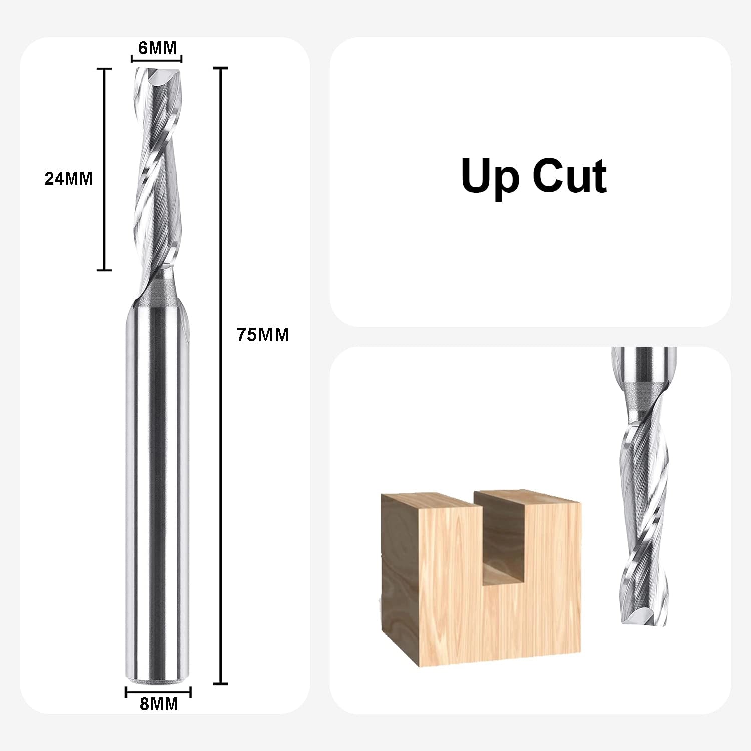 SpeTool DE Upcut CNC Spiralfräser VHM 2 Flöten Oberfräse Fräser Holz mit 6 mm Schnittdurchmesser, 8 mm Schaft, Router Bit zum Schneiden von Holz
