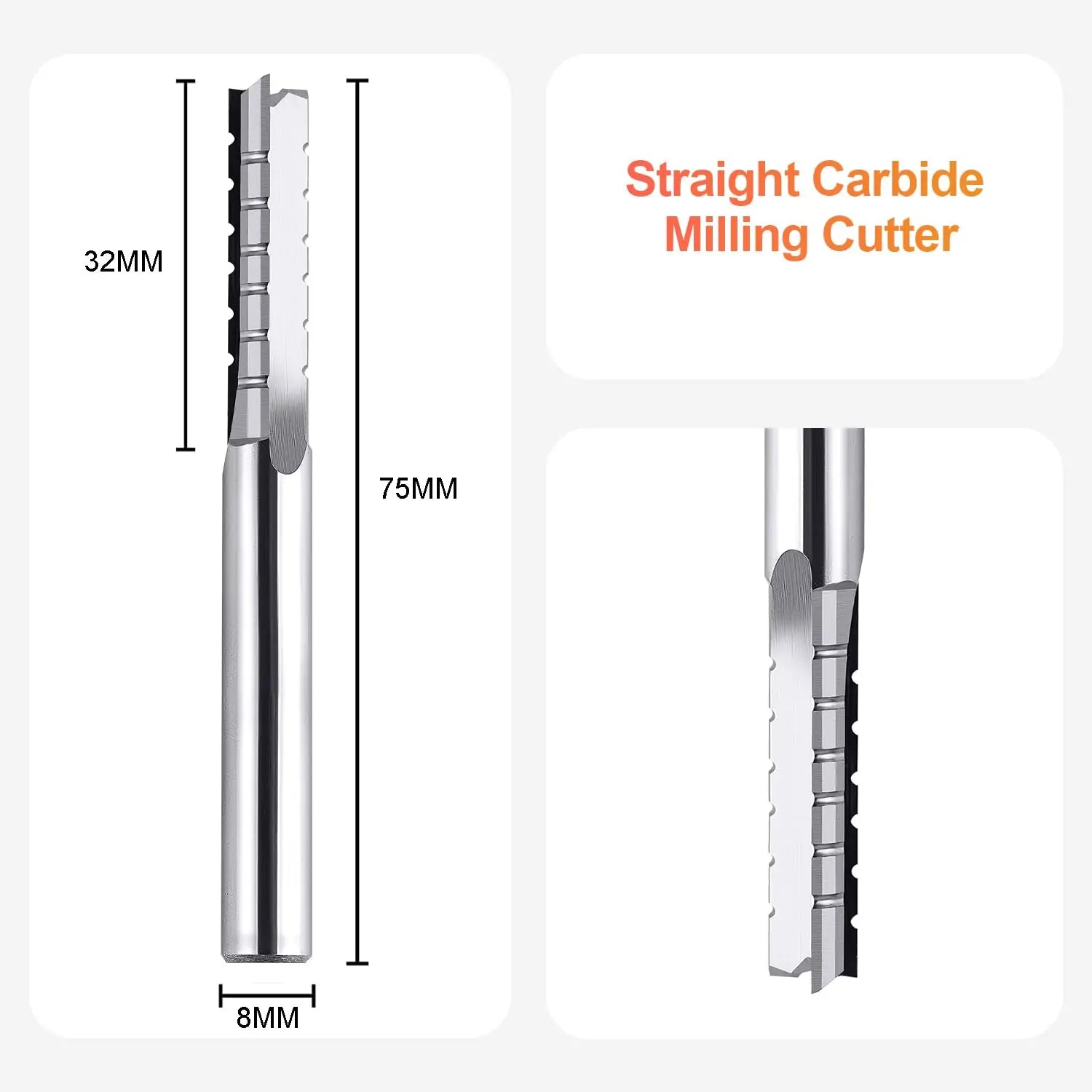 SpeTool EU 8mm Shank Diameter Straight Carbide Tungsten Carbide Tip Cutter 32mm Cutting Length 3 Flutes Carving CNC Trimming Slot Chip Breaker Plywood End Mill for Woodworking