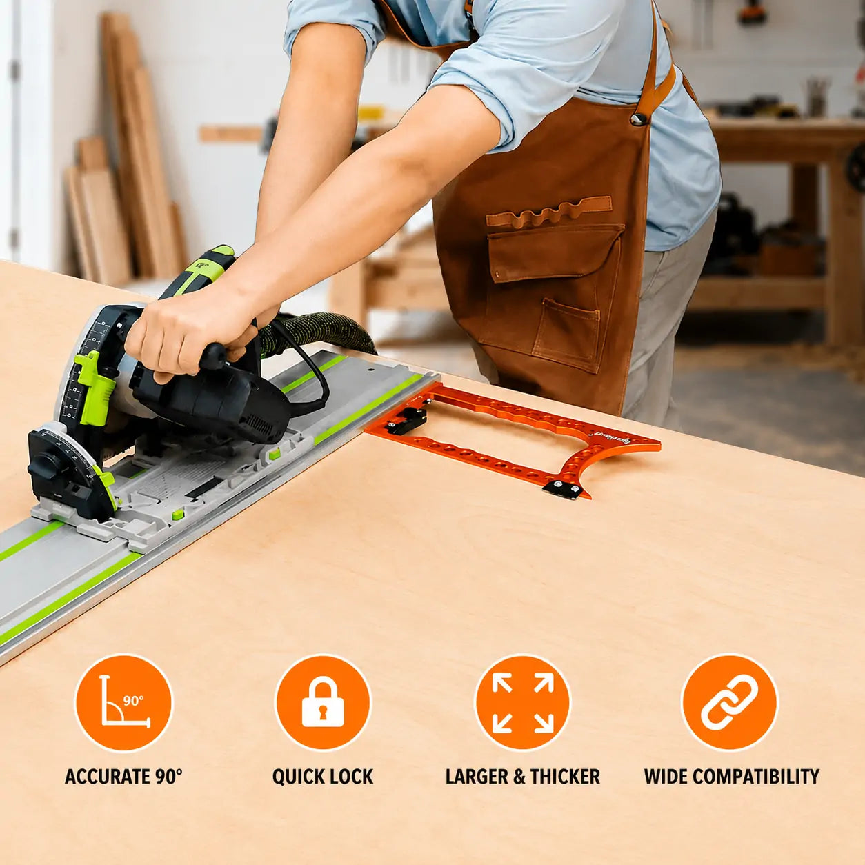 Person using a saw with a guide rail in a workshop setting, highlighting features like accurate 90-degree cuts, quick lock, larger thickness capacity, and wide compatibility.
