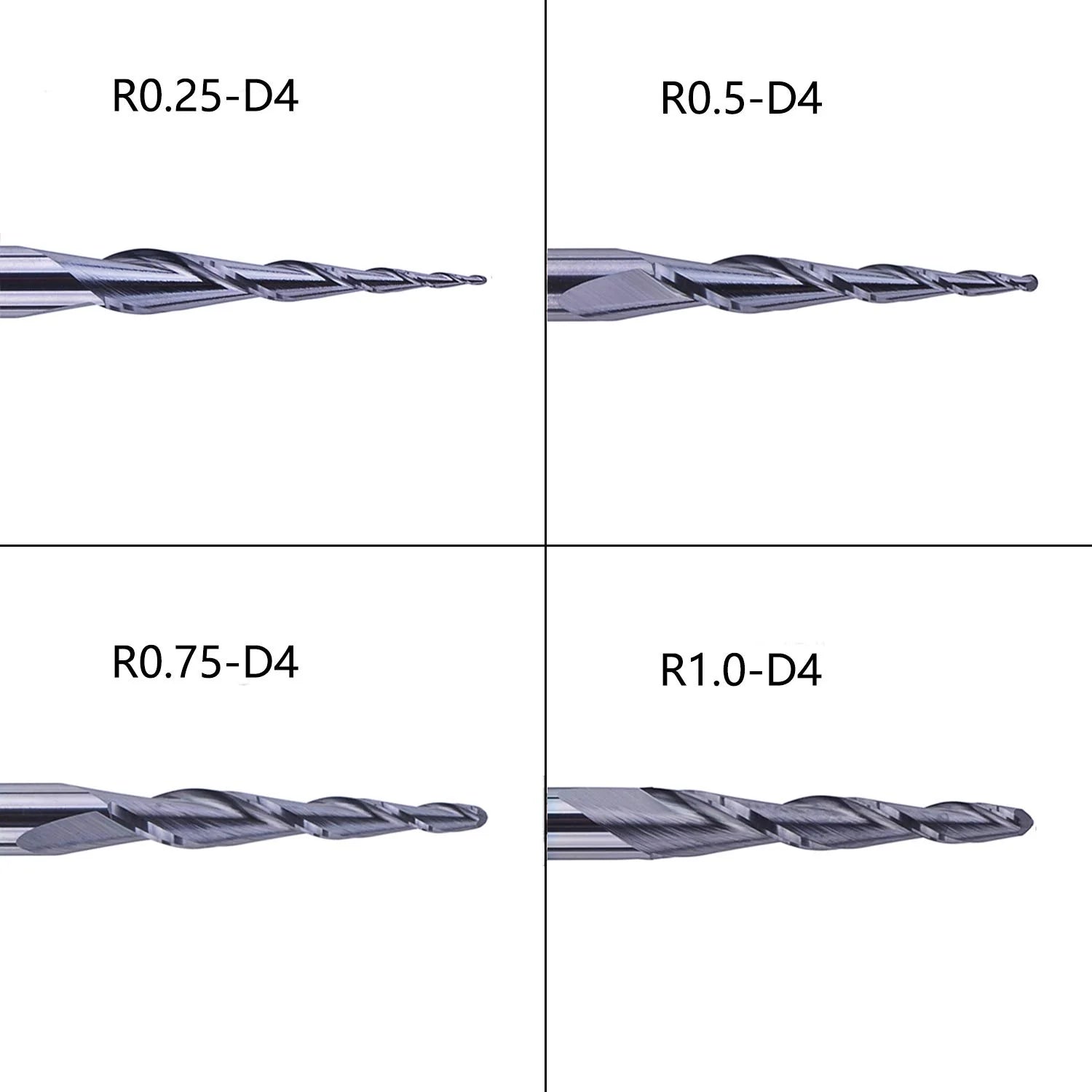 SpeTool UK 4Pcs/Pack R0.25~1.0 Tip 4 mm Tapered TiAlN Coated End Mill Ball Nose Carbide CNC Cutter For Carving Engraving