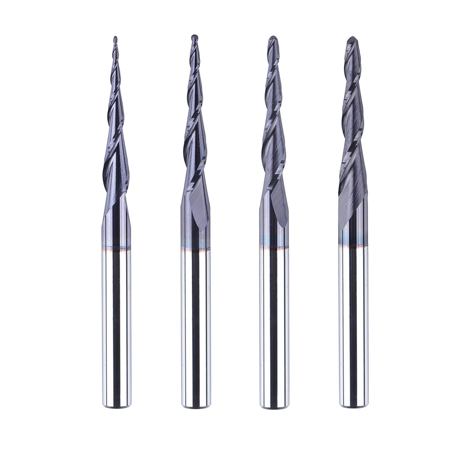 SpeTool UK 4Pcs/Pack R0.25~1.0 Tip 4 mm Tapered TiAlN Coated End Mill Ball Nose Carbide CNC Cutter For Carving Engraving