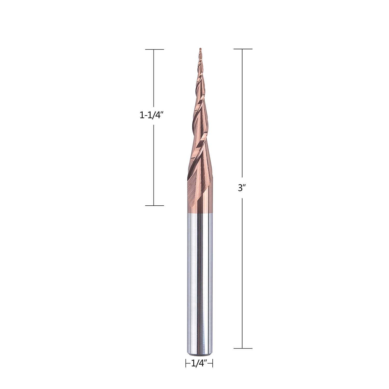 SpeTool CA W01005 CNC 2D and 3D Carving 5.26 Deg Tapered Angle Ball Nose 0.25mm Radius x 1/4" Shank x 1-1/4" Cutting Length x 3" Long 2 Flute SC H-Si Coated Upcut Router Bit