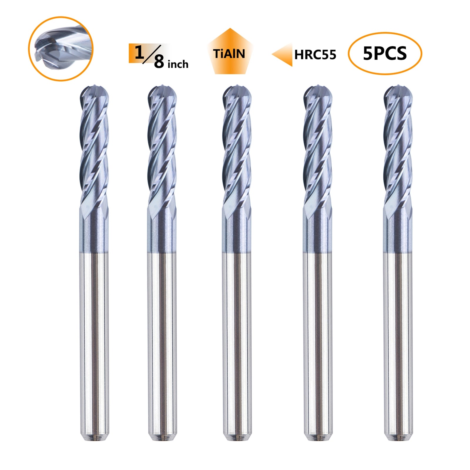 SpeTool CNC TiAlN Coated 4-Flute 1-8 Dia Ball Nose Up Cut End Mill