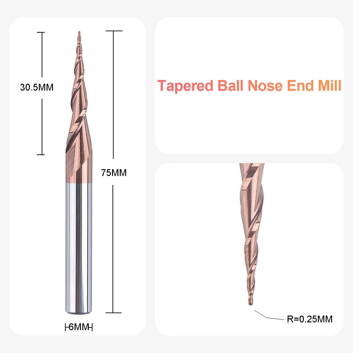 SpeTool UK 0.25MM Radius x 6MM SHANK x 30.5MM CL x 75MM OVL Tapered Ball Nose 2D & 3D Carving H-si Coated Router Bit