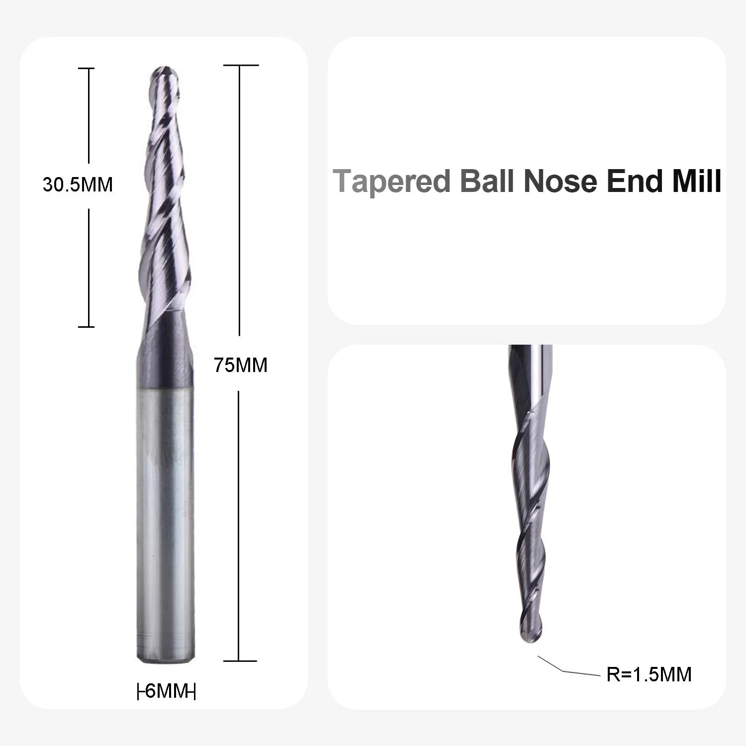 SpeTool UK 1.5MM Radius x 6MM SHANK x 30.5MM CL x 75MM OVL Tapered Ball Nose 2D & 3D Carving Router Bit