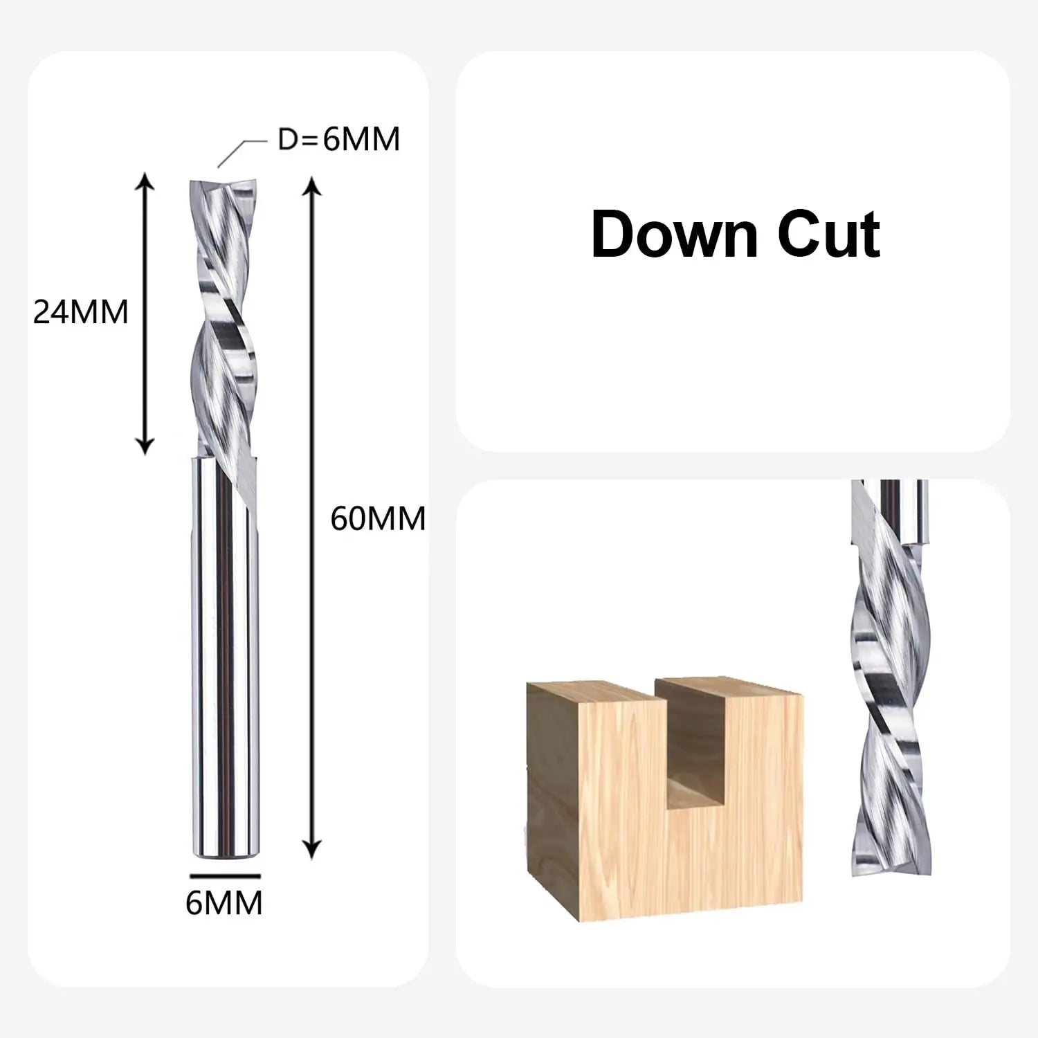 SpeTool UK 6 mm Shank Spiral Router Bit Down Cut End Mill 6 mm Cutting Diameter 24 mm Cutting Length 60 mm Total Length HRC55 Solid Carbide CNC Router Bits for Wood Carving Woodworking