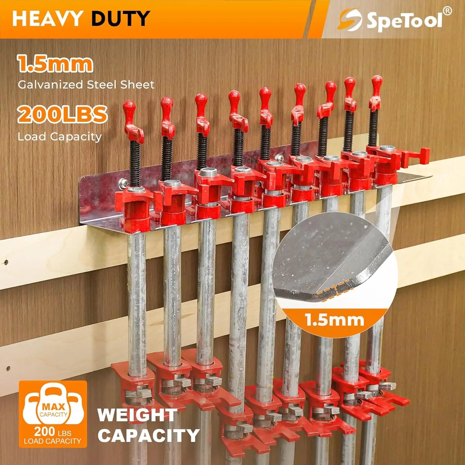 SpeTool O08001 Heavy-Duty 3-in-1 Wall Mount Clamp Rack Organizer | Holds Parallel, Pipe & F-Style Clamps | 200LBS Capacity | Space-Saving Garage & Workshop Storage