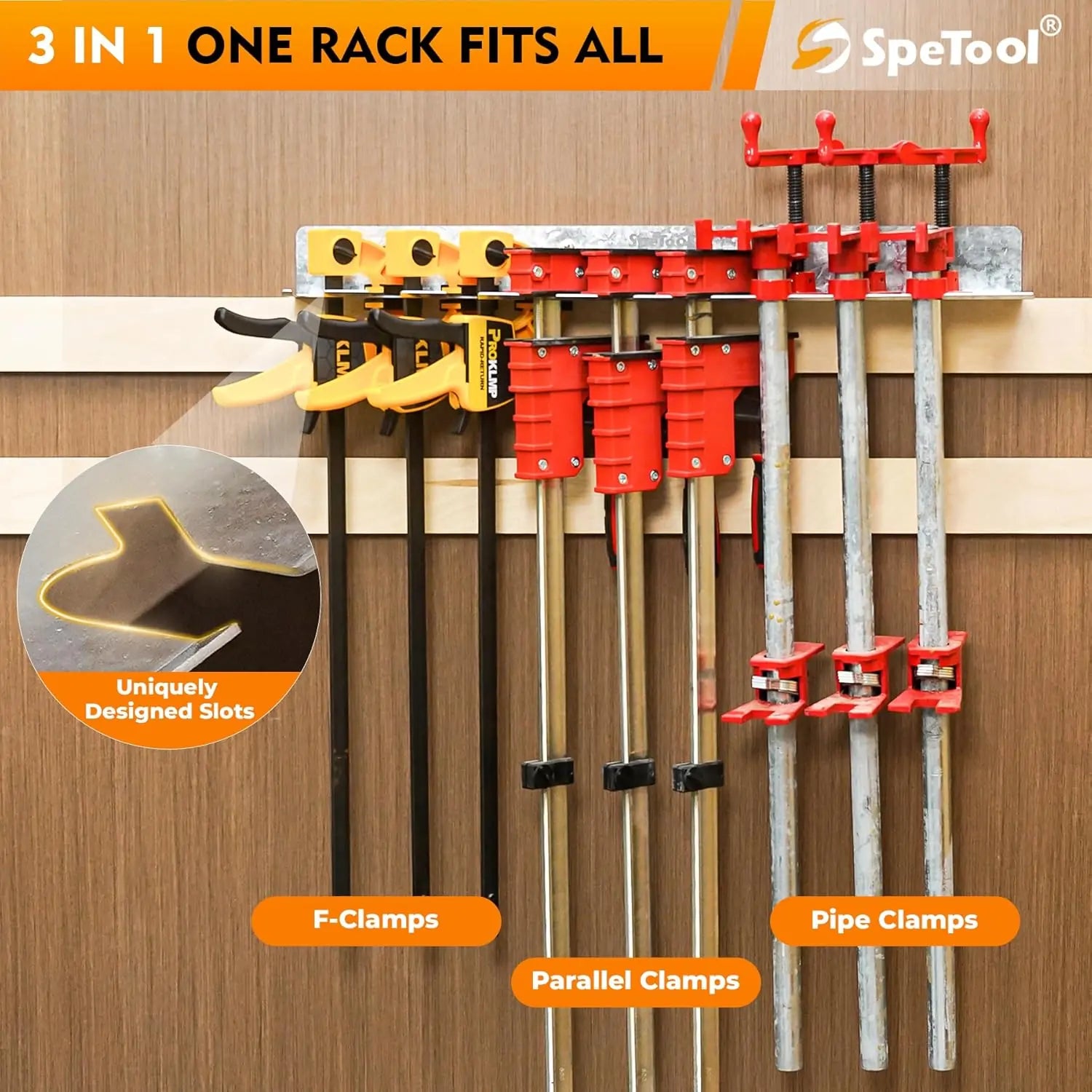 SpeTool O08001 Heavy-Duty 3-in-1 Wall Mount Clamp Rack Organizer | Holds Parallel, Pipe & F-Style Clamps | 200LBS Capacity | Space-Saving Garage & Workshop Storage