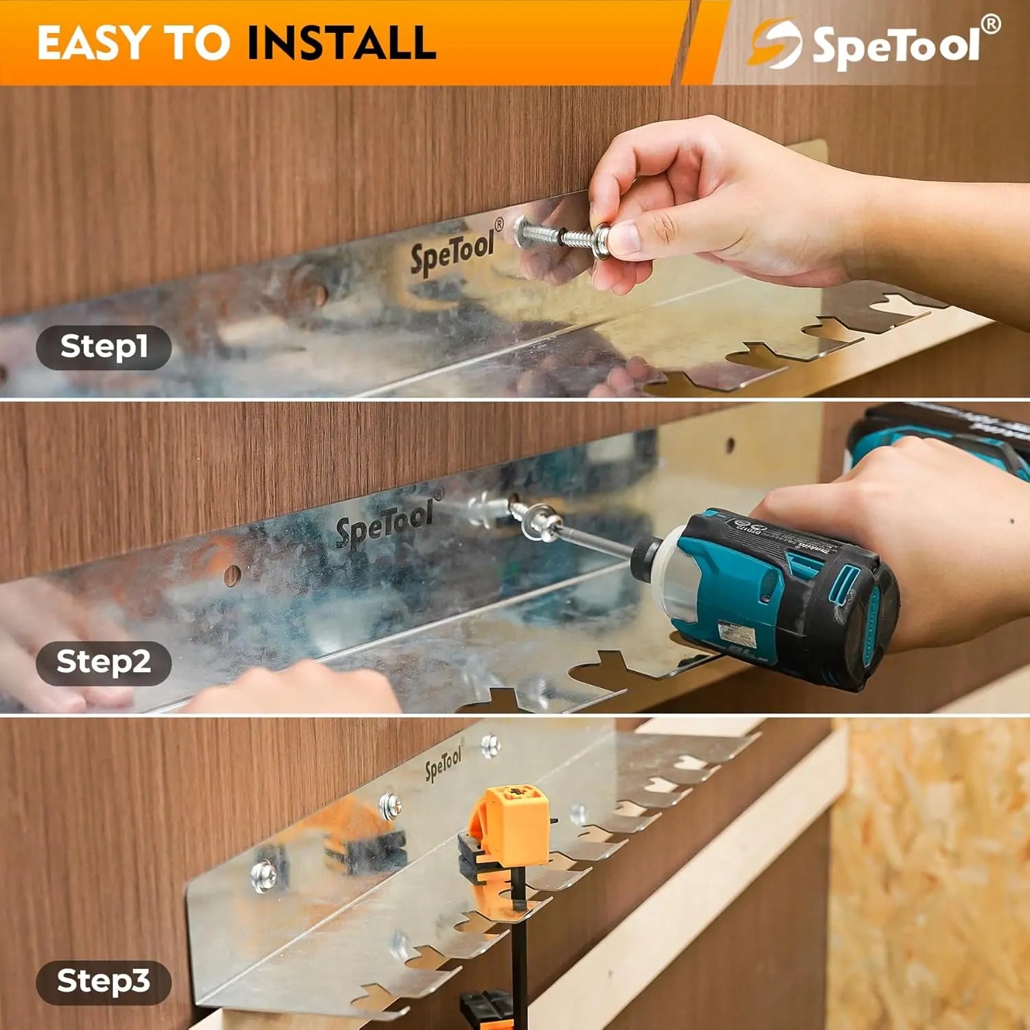 SpeTool O08001 Heavy-Duty 3-in-1 Wall Mount Clamp Rack Organizer | Holds Parallel, Pipe & F-Style Clamps | 200LBS Capacity | Space-Saving Garage & Workshop Storage
