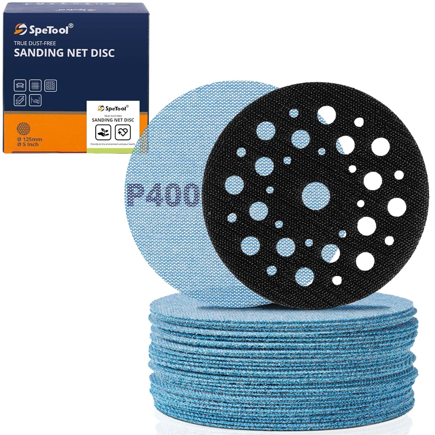 SpeTool 5 Inch 30 pcs Sanding Disc Net Sander with Pads Saver