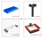 A set of four images showcasing different components of a woodworking tool set. The set includes a blue and black dust collection shroud, a black and red router sled, a black and gray surfacing router bit, and a collection of solid carbide blades.