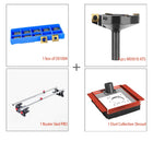 A set of four images showcasing different components of a woodworking tool set. The set includes a blue and black dust collection shroud, a black and red router sled, a black and silver ATS surfacing router bit, and a collection of blades for the router.