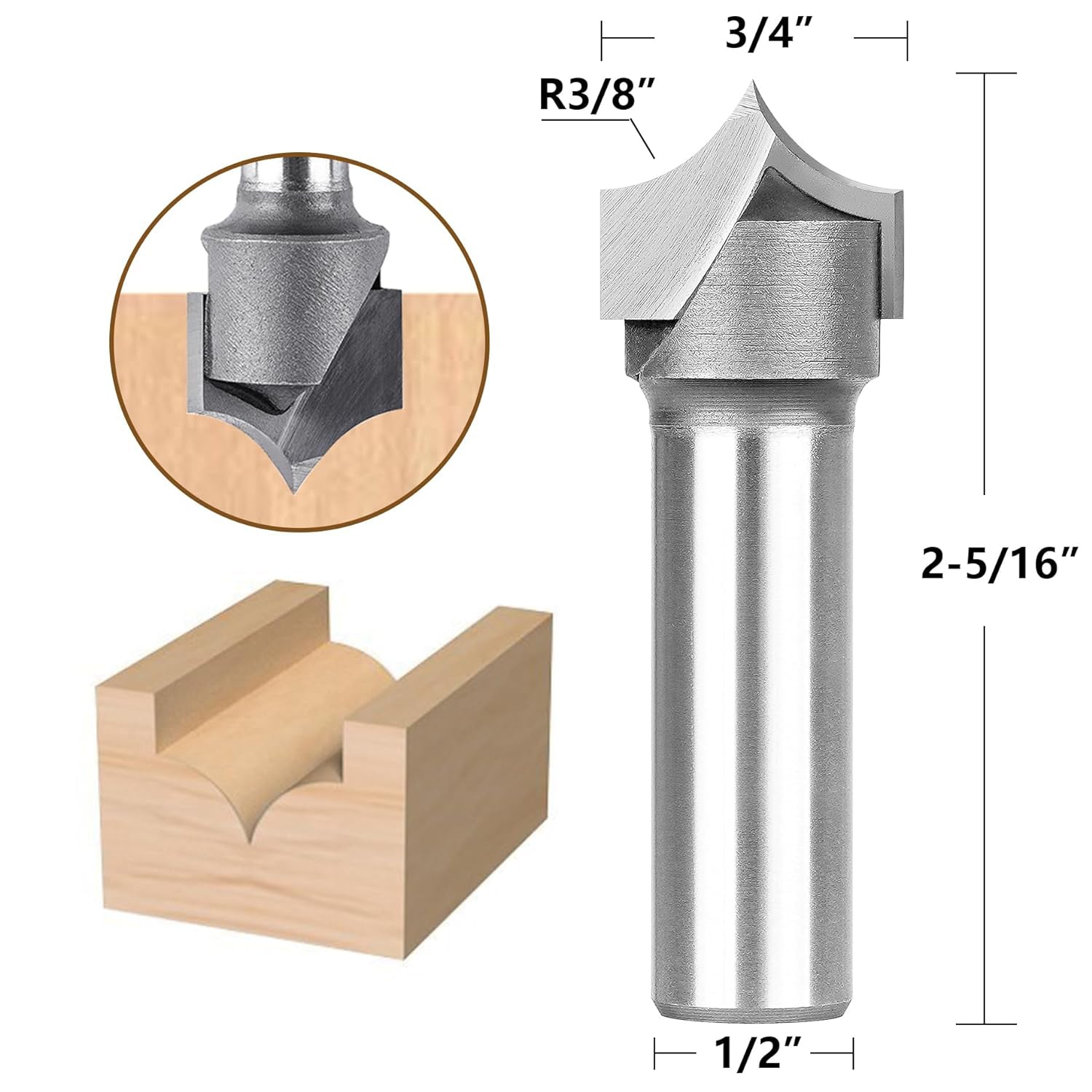 SpeTool Carbide Tipped 3/8 R 3/4 Dia 1/2 Shank Round Over Router Bit