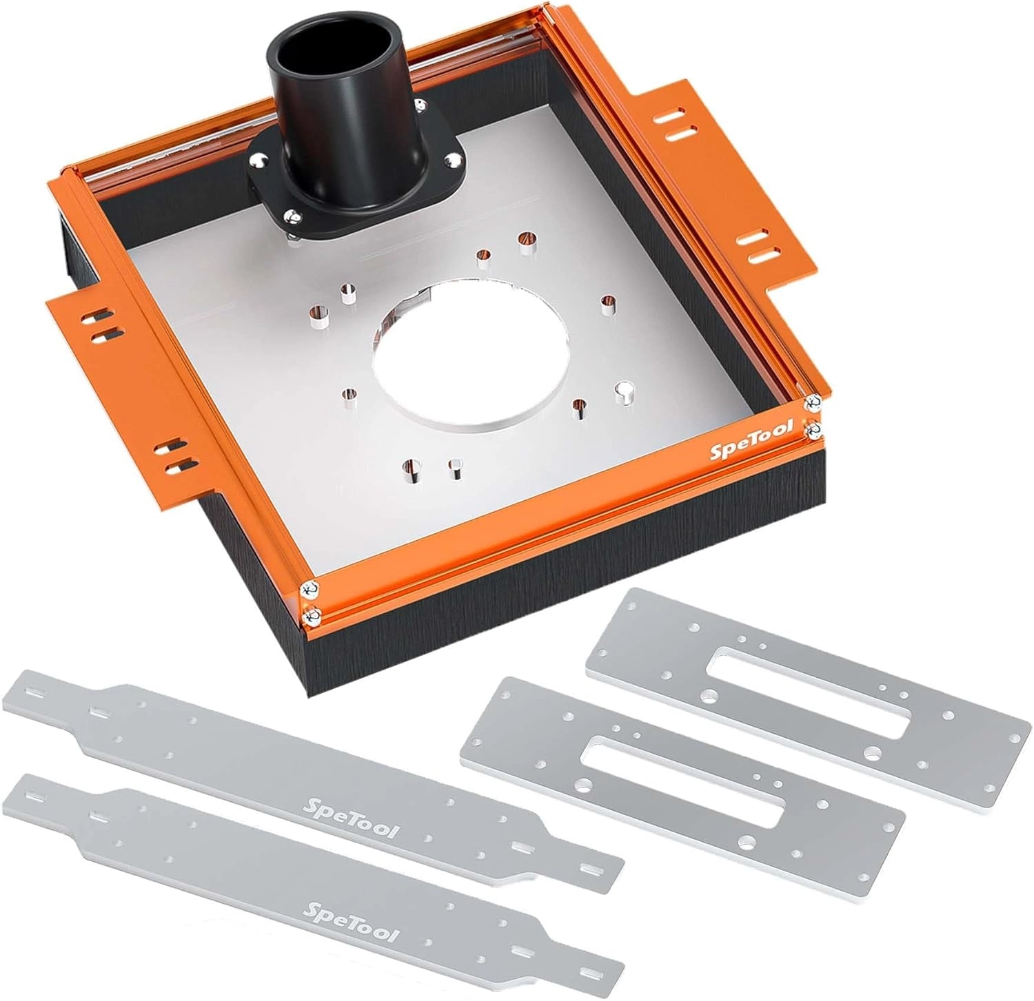 SpeTool UK S01003 Linear Rail Router Sled Dust Collection System with 2.5" Dust Port, Adapter Plate Compatible with SBR20UU & SCS20UU Rails, Acrylic Base for Most Routers
