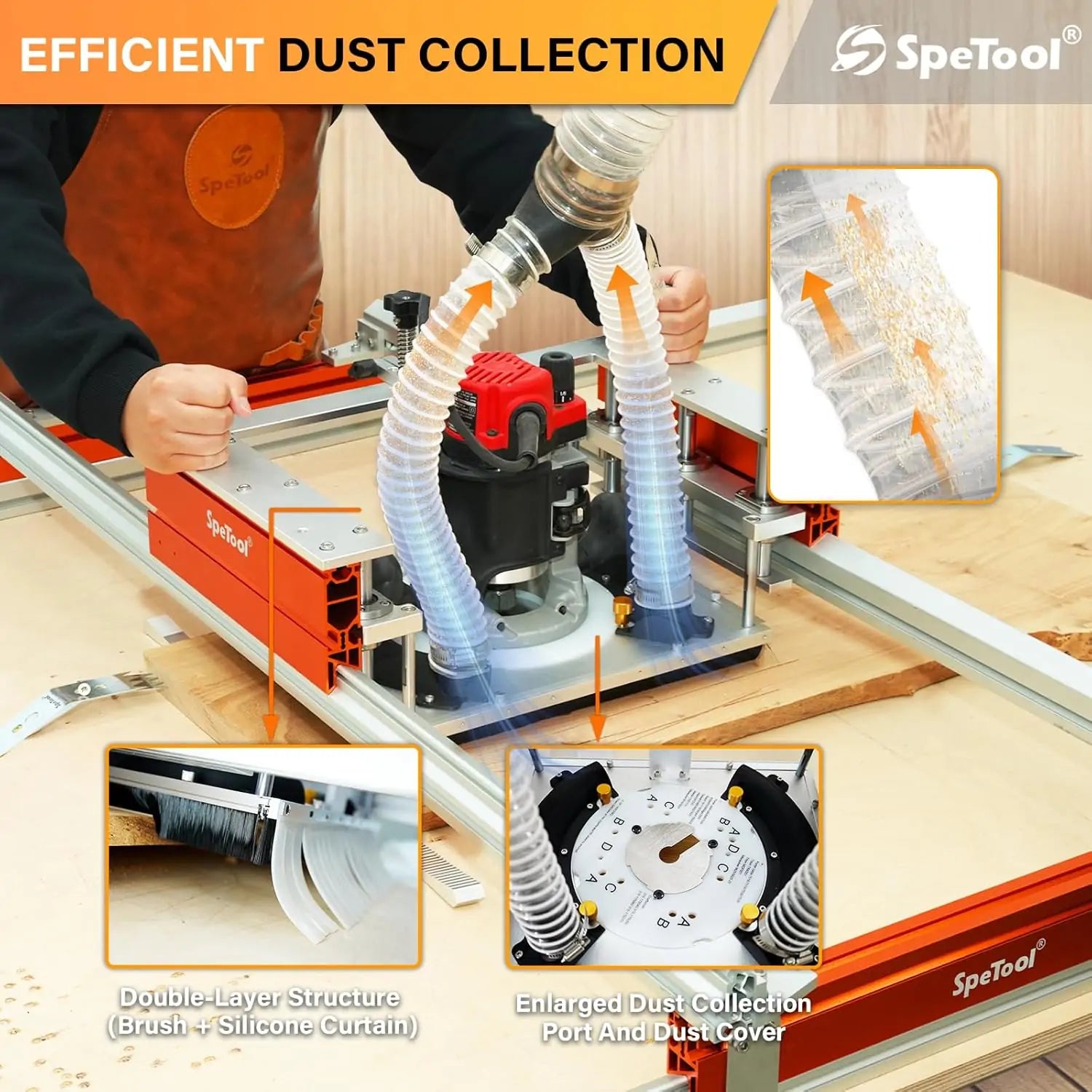 SpeTool efficient dust collection system with close-up details on a woodworking machine.