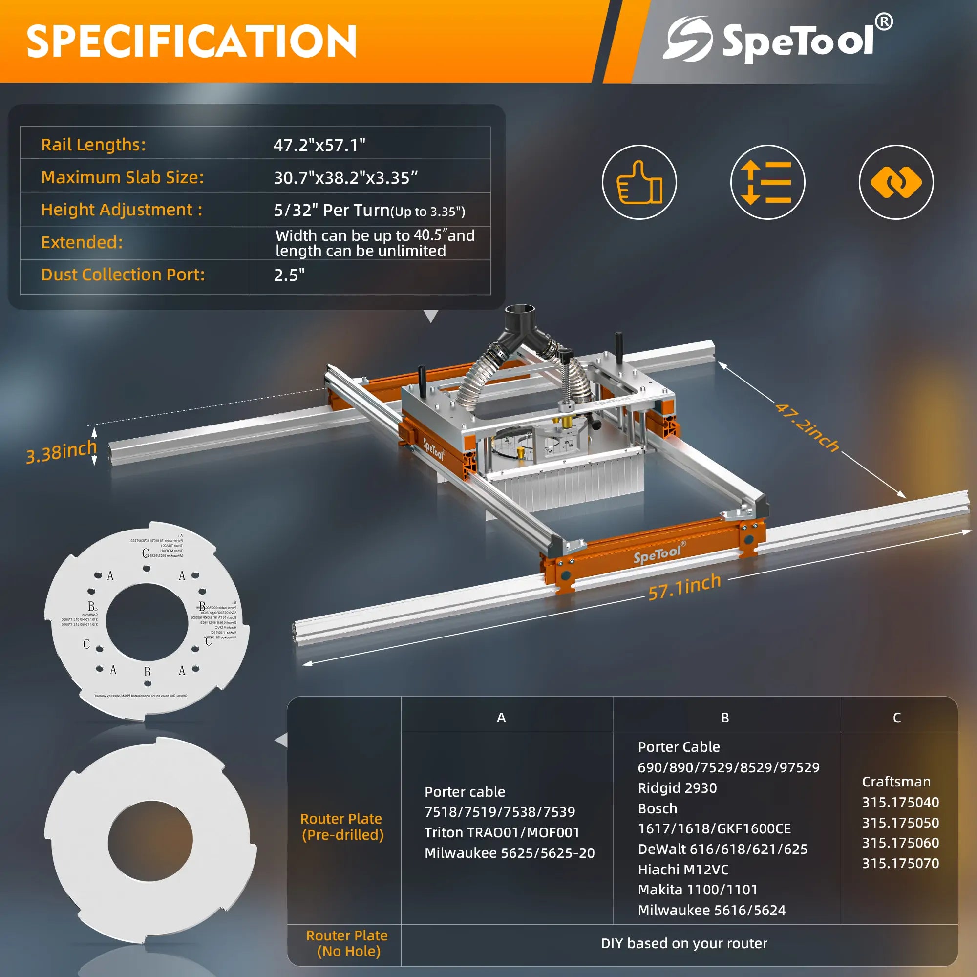 SpeTool S03001 Xpert Router Sled for Flattening Slabs with Continuous Height Adjustment and Dust Collection 3-Axis Slab Flattening Mill