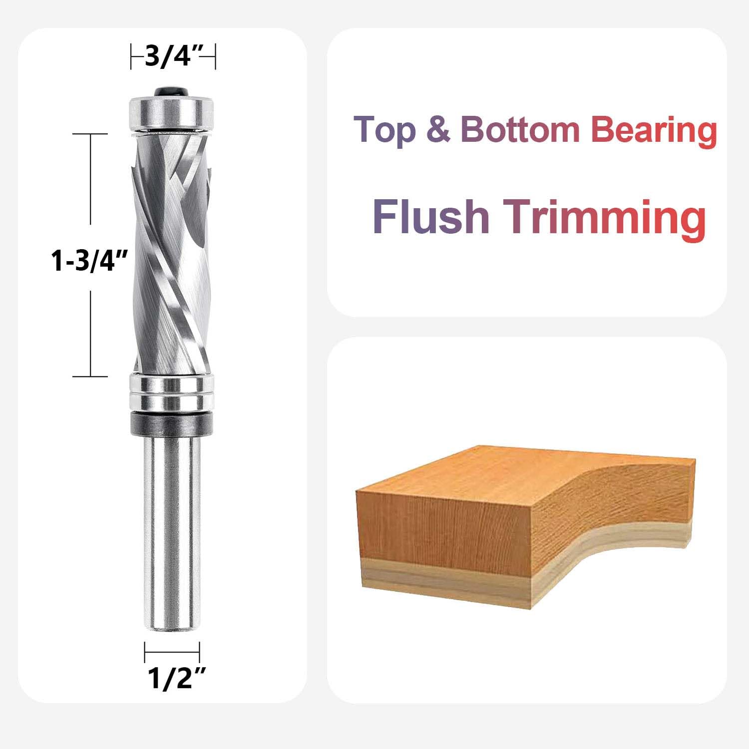 Spetool 3/4″ Spiral Compression Flush Trim Router Bit | 1/2″ Shank Dual Bearing  Product Dimensions Image