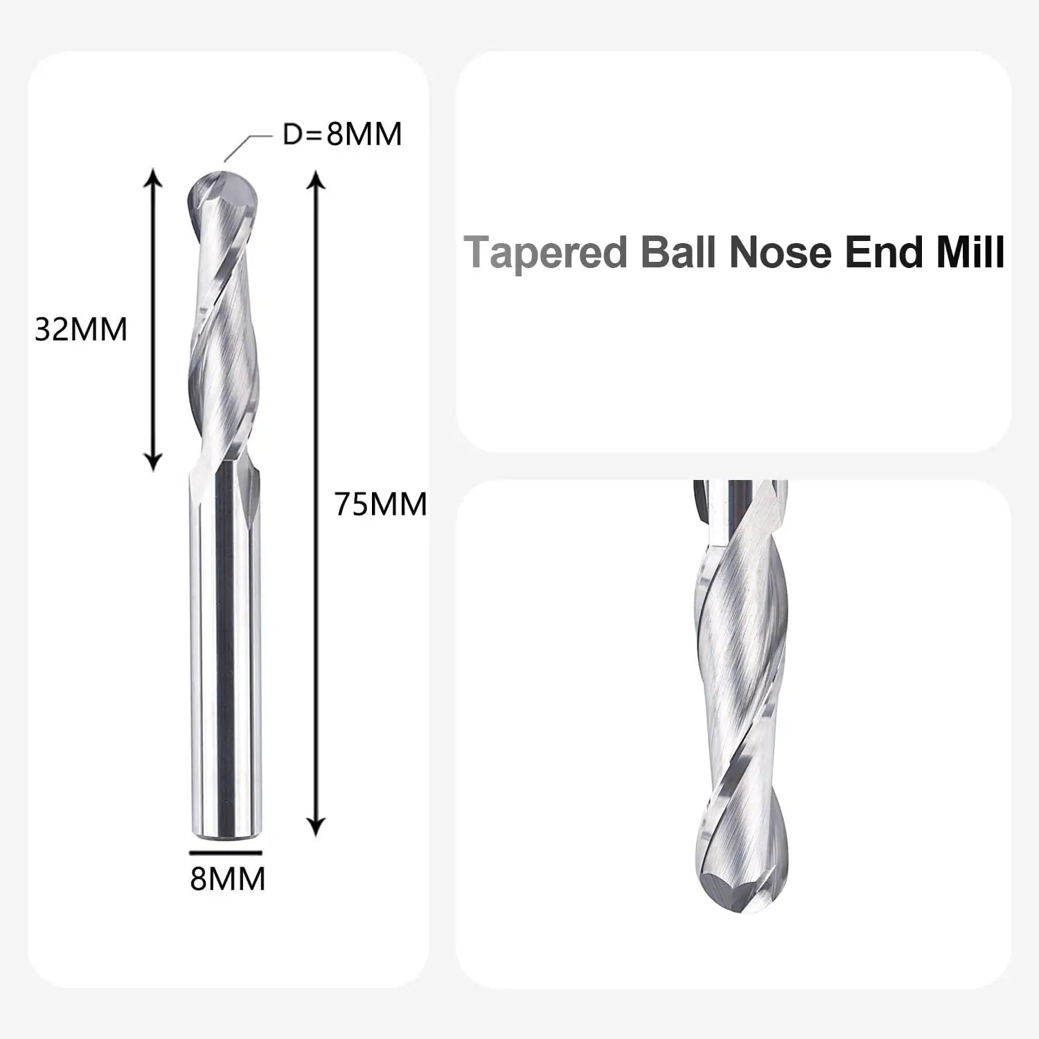 SpeTool EU Ball End Mill 8 mm Cutting Diameter 8 mm Shank 32 mm Cutting Length Double Flute Router Bit Solid Carbide Milling Cutter for DIY Woodworking Carving Engraving