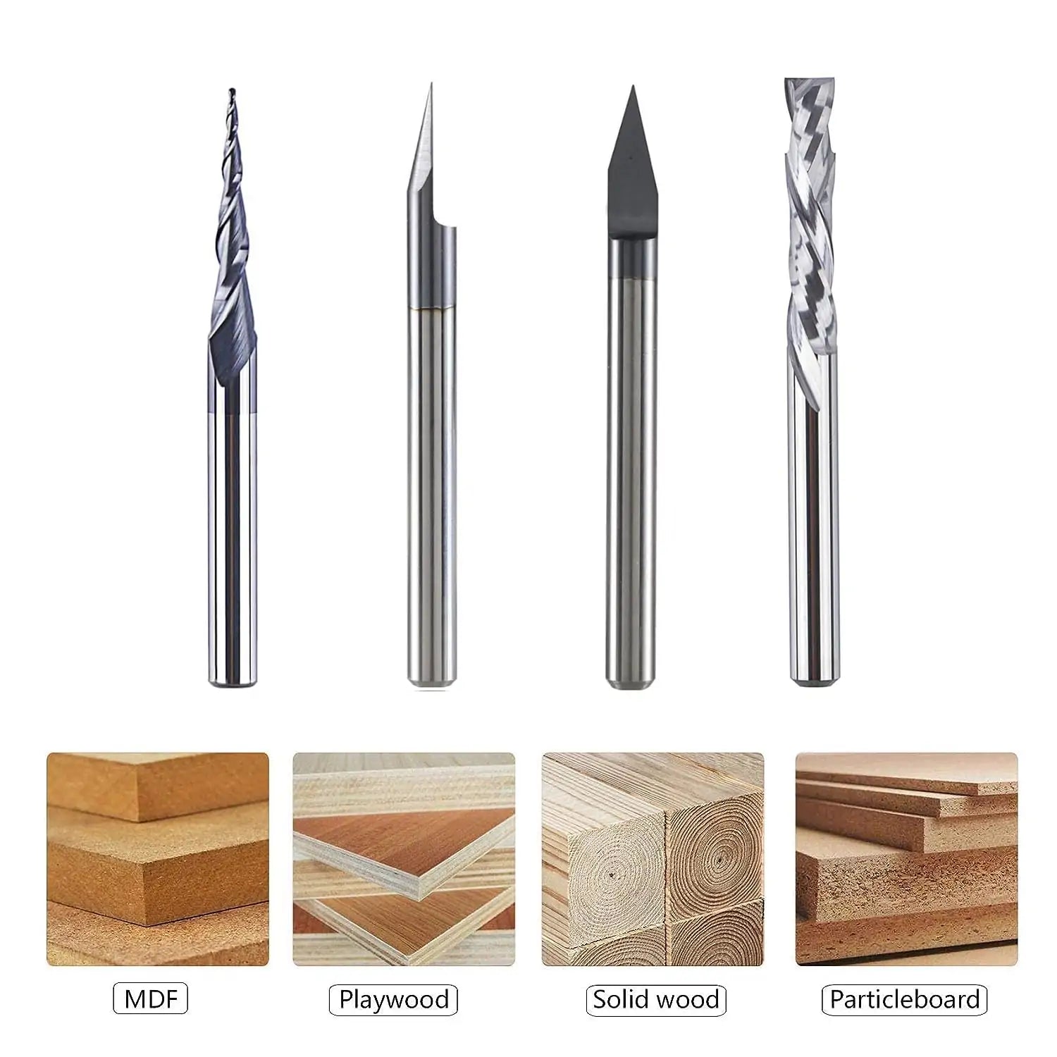 SpeTool EU Set of 4 1/8 Inch (3.175 mm) Shank Solid Carbide Solid Carbide CNC Milling Cutter Wood Cutter V-Groove Cutter for Router End Mill for Wood