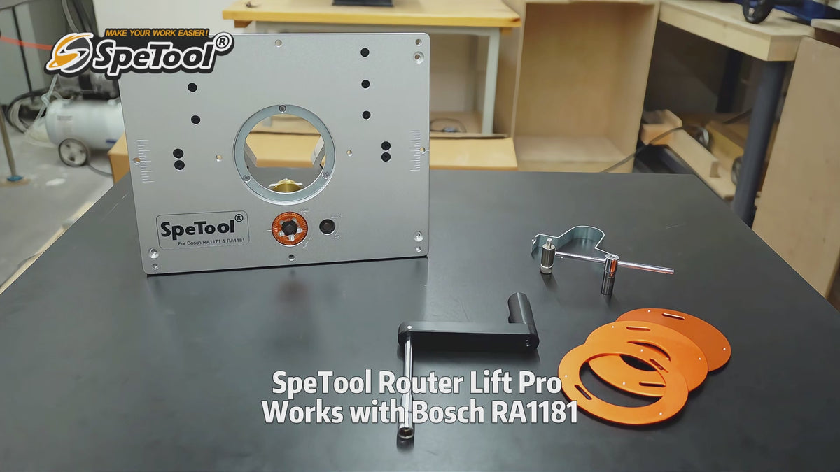 SpeTool CA P01004 Router Lift Pro Works with Bosch RA1181,Upgraded 0.001" Precision Micro-Adjust, Works with 1.25-3.25HP Routers,360° Mesh Clamping,Included Magnetic Router Table Insert Plate