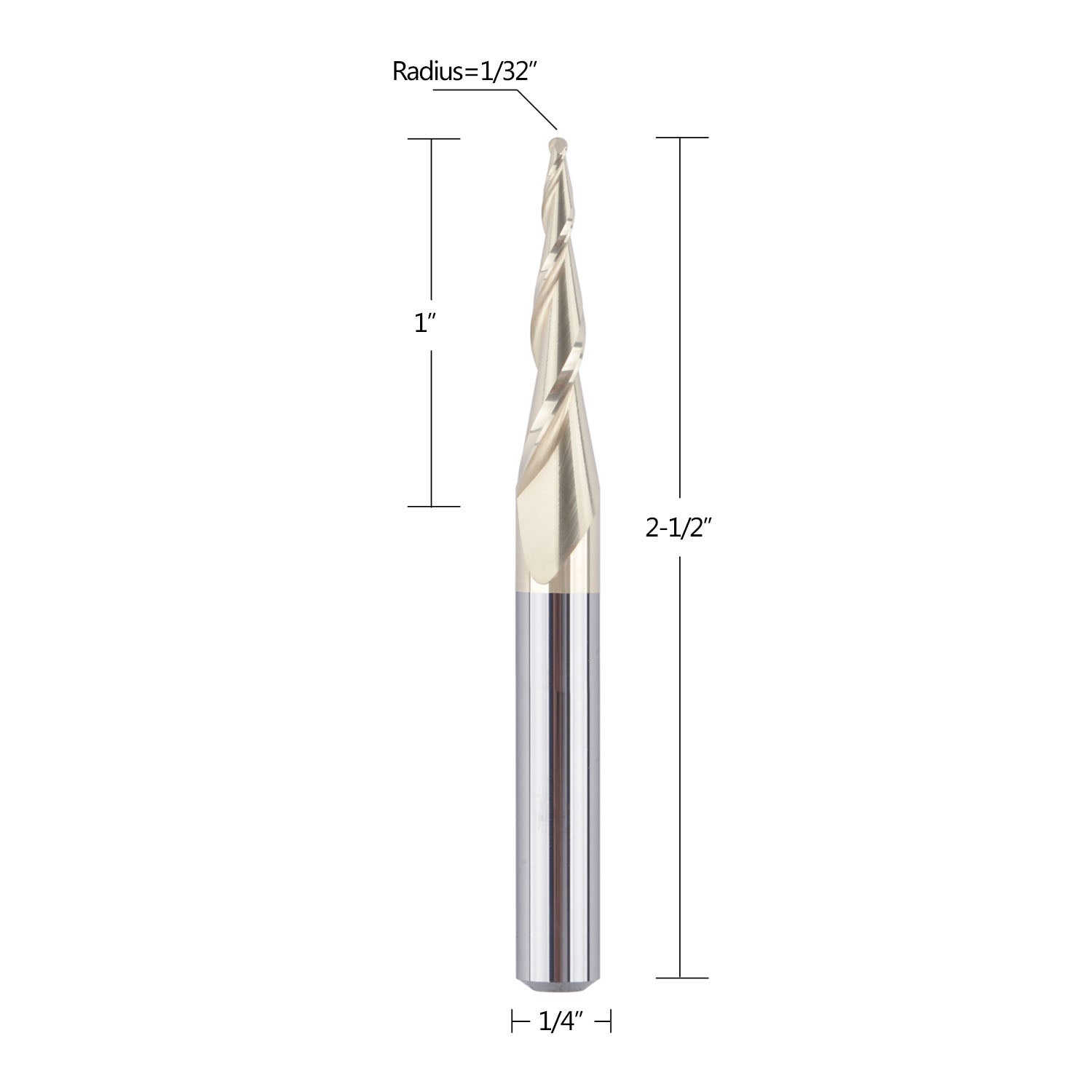 SpeTool 1/32" Radius Tapered Ball Nose CNC Carving Bit ZrN Coated Router Bit