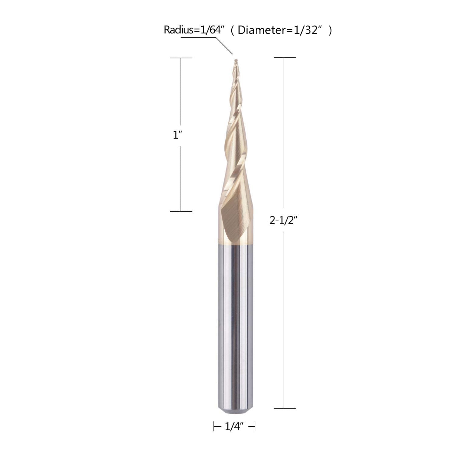 SpeTool 1/64" Radius Tapered Ball Nose Endmill CNC Carving ZrN Coating