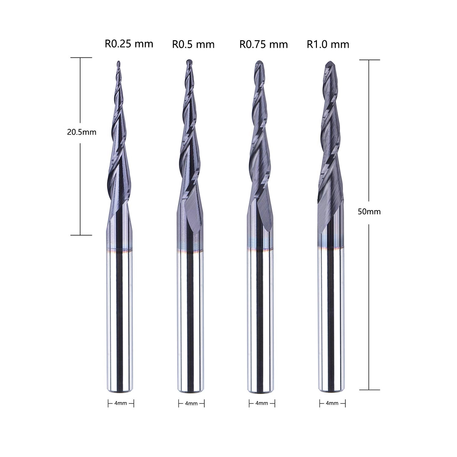SpeTool DE 4 Stück 2 Flöten Kugelkopffräser mit Konischer Spitze, Fräser CNC R0,25mm-1,0mm, 4mm Schaft Vollhartmetallfräser mit TiAlN Beschichtung für 2D und 3D Gravur