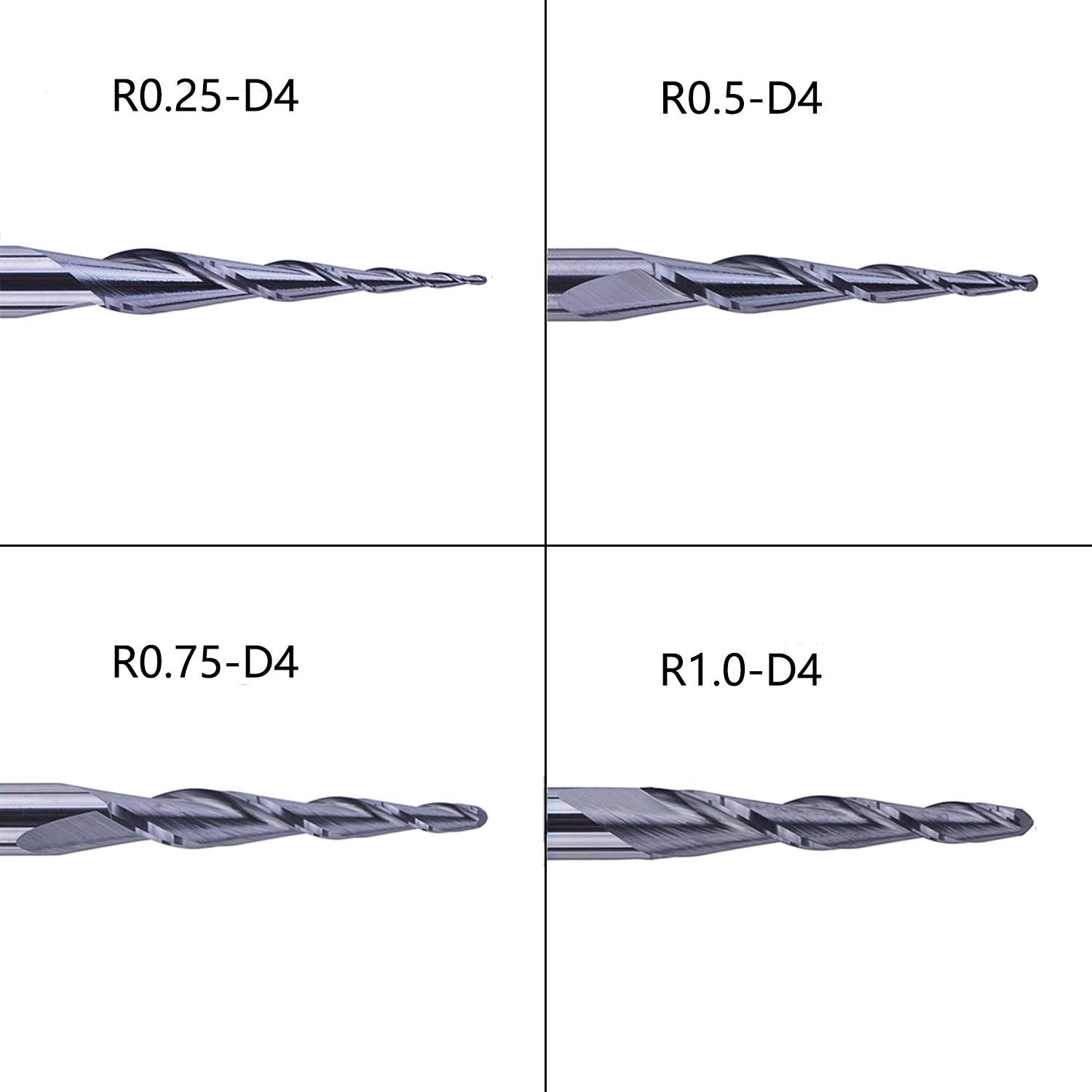 SpeTool DE 4 Stück 2 Flöten Kugelkopffräser mit Konischer Spitze, Fräser CNC R0,25mm-1,0mm, 4mm Schaft Vollhartmetallfräser mit TiAlN Beschichtung für 2D und 3D Gravur