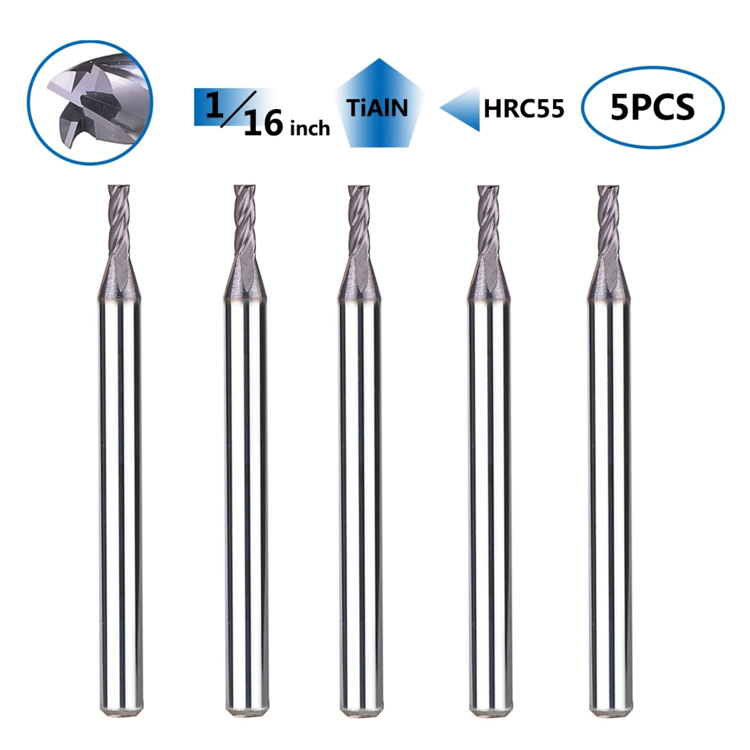 SpeTool 5Pcs 4 Flutes Carbide End Mill Flat Top 1/16" Dia 1/8" SHK Bits