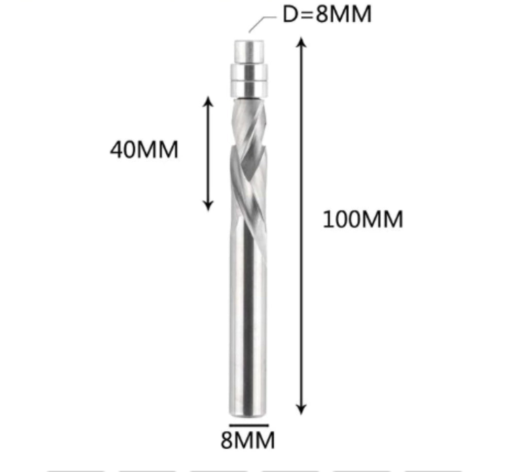 SpeTool EU Solid Carbide Flush Trim Compression Spiral 8mm Dia x 8mm Shank x 40mm Cutting Length x 100mm Long Router Bit